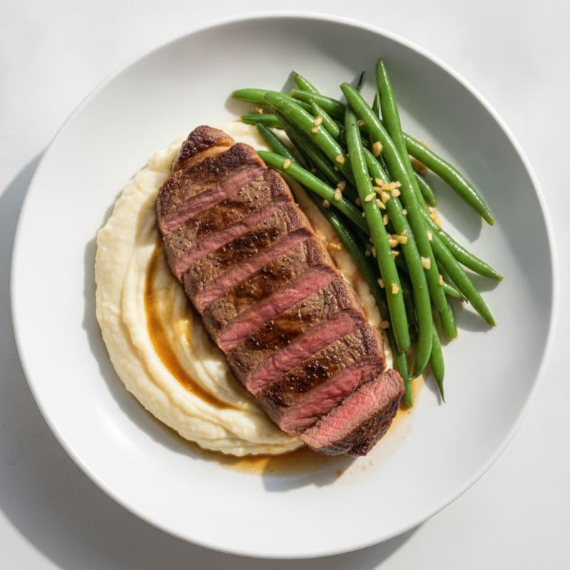 Seared Sirloin Steak with Creamy Cauliflower Mash and Garlicky Green Beans