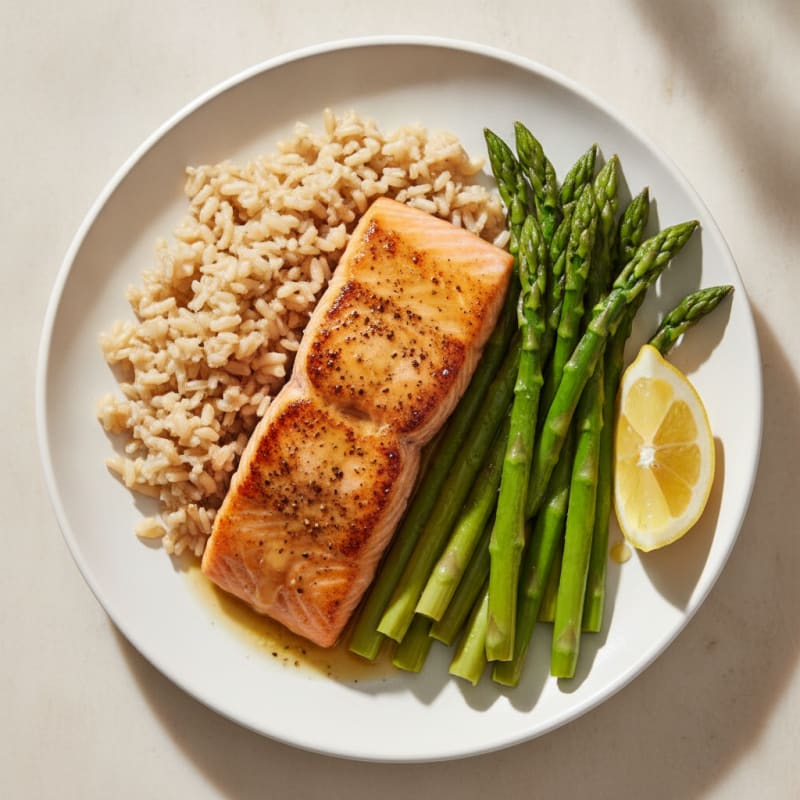 Seared Salmon Fillet with Steamed Asparagus and Brown Rice