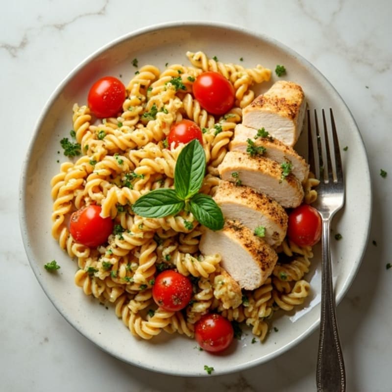 Chicken and Creamy Pesto Whole Wheat Pasta with Burst Cherry Tomatoes