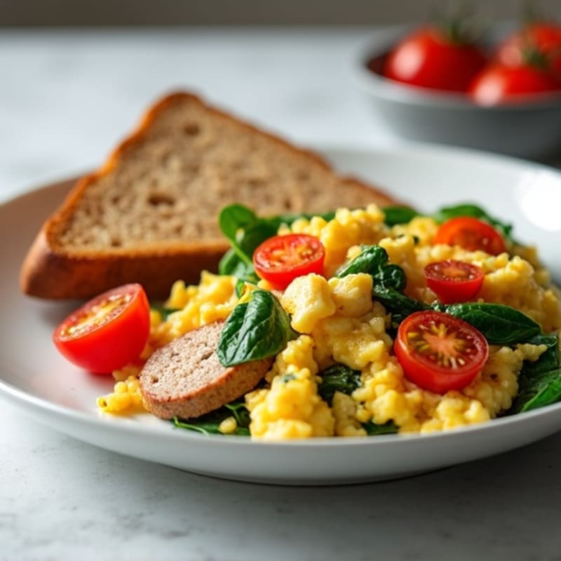 Egg White and Turkey Sausage Scramble with Spinach and Cherry Tomatoes