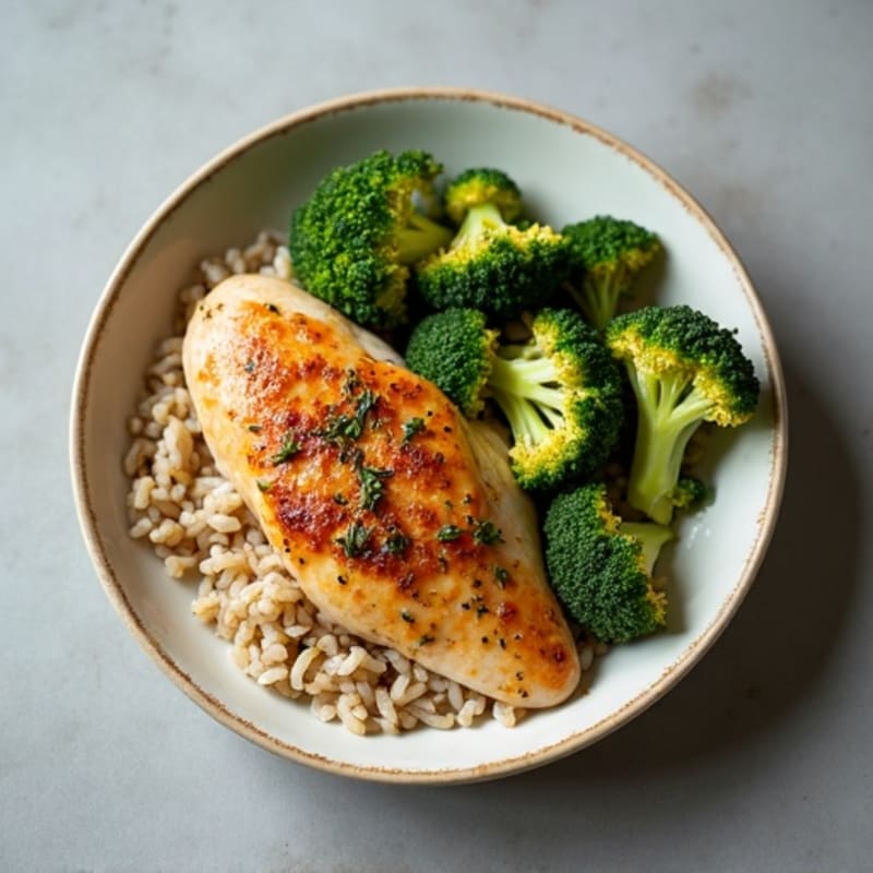 Herb-Roasted Chicken with Crispy Broccoli and Fluffy Brown Rice