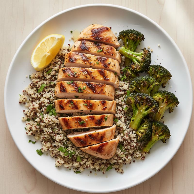 Grilled Chicken Breast with Quinoa and Roasted Broccoli