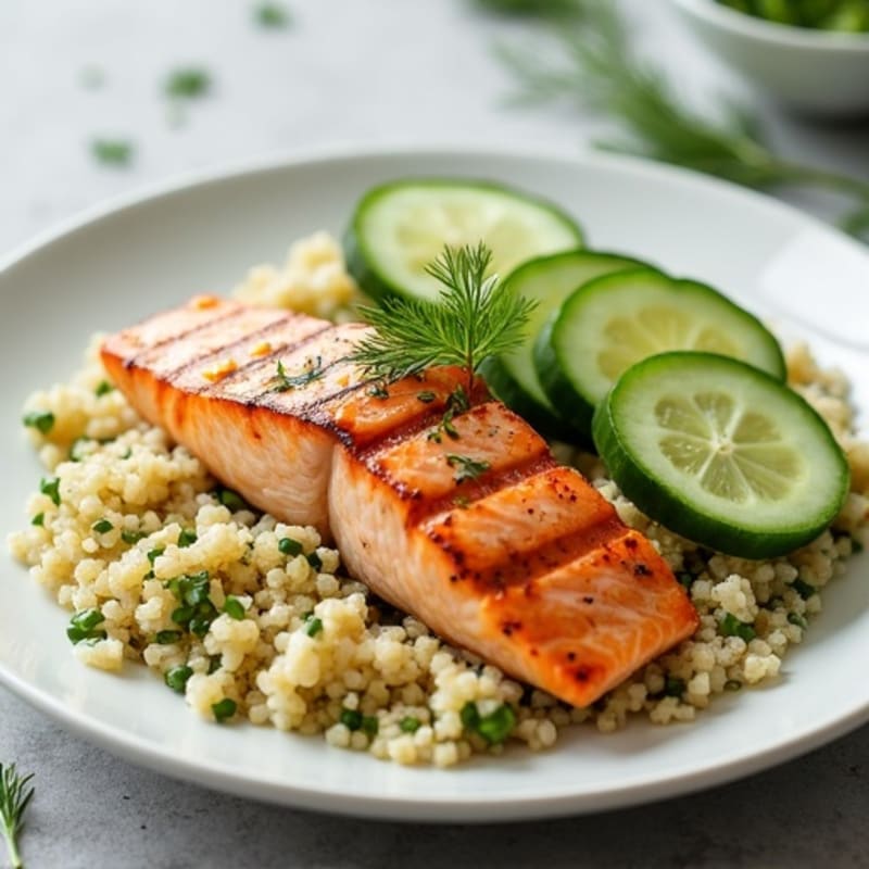 Grilled Salmon with Lemon-Dill Quinoa and Crisp Cucumber Salad