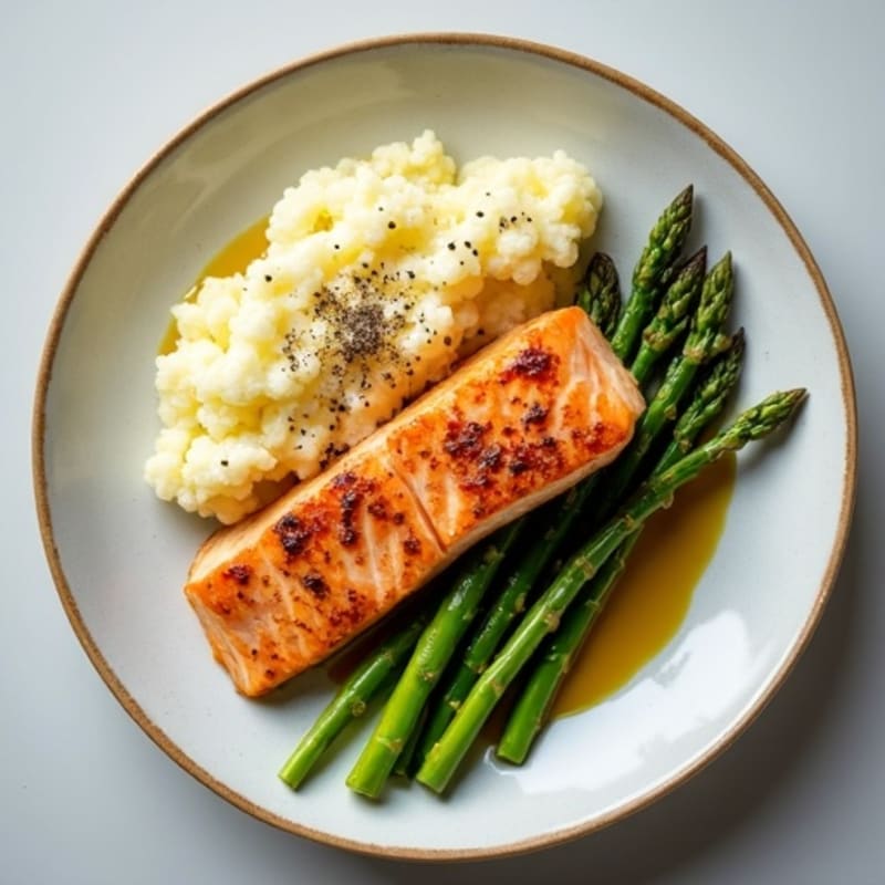 Seared Salmon Fillet with Roasted Asparagus and Cauliflower Mash