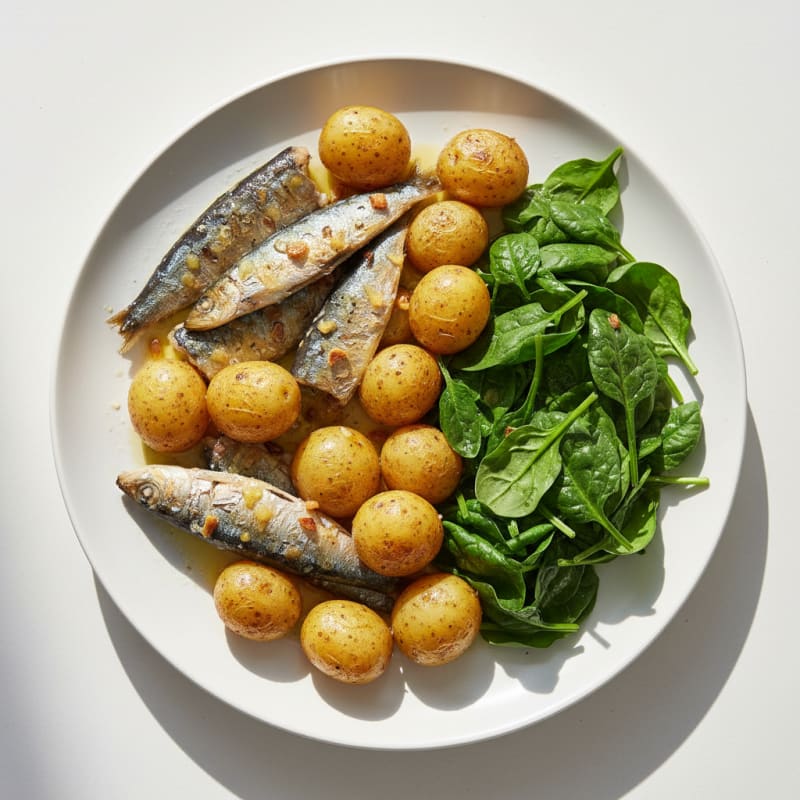 Sardine and Potato Sheet Pan Bake with Steamed Greens