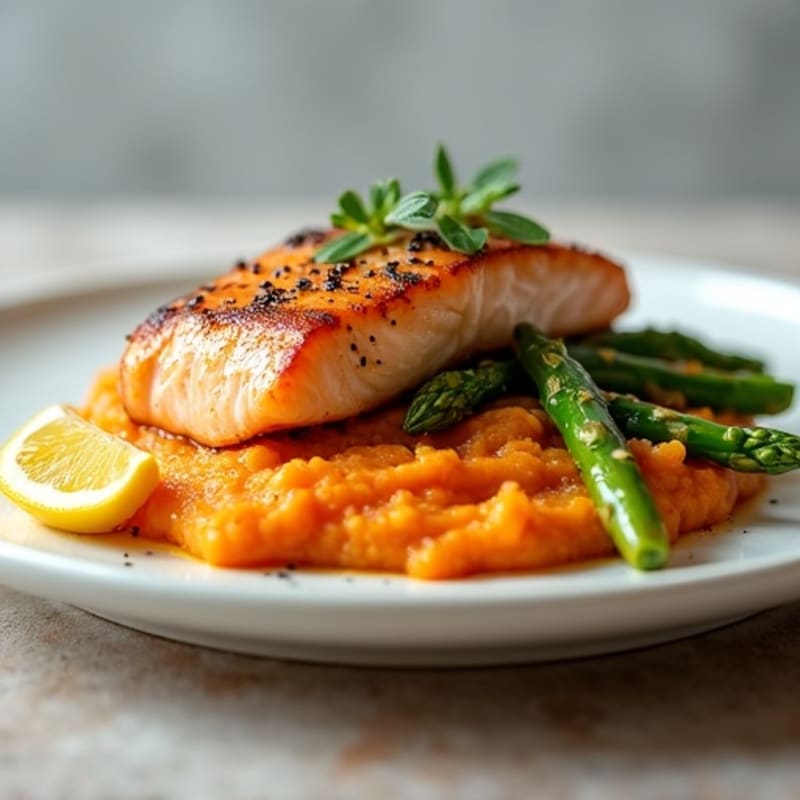 Seared Salmon with Roasted Asparagus and Sweet Potato Mash