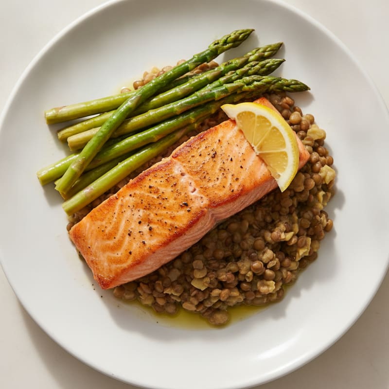 Seared Salmon with Steamed Asparagus and Lentil Mash