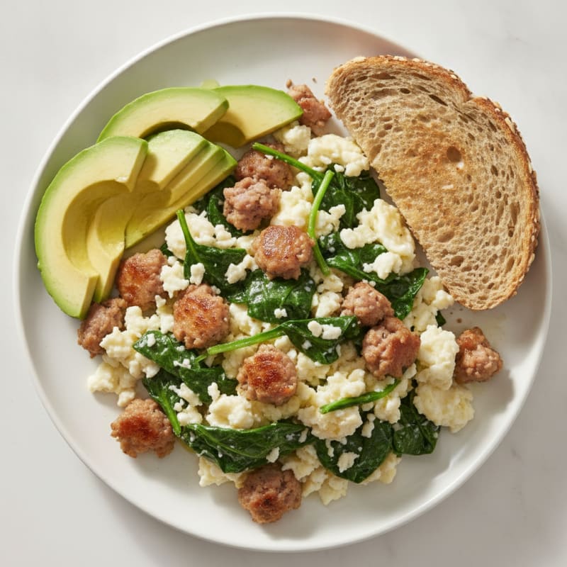 Egg White Scramble with Turkey Sausage and Spinach