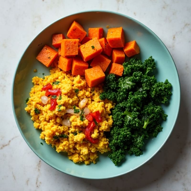 Hearty Tofu Scramble with Roasted Sweet Potatoes and Kale