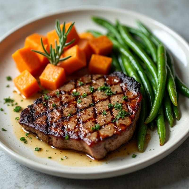 Garlic Herb Steak with Roasted Sweet Potatoes and Green Beans