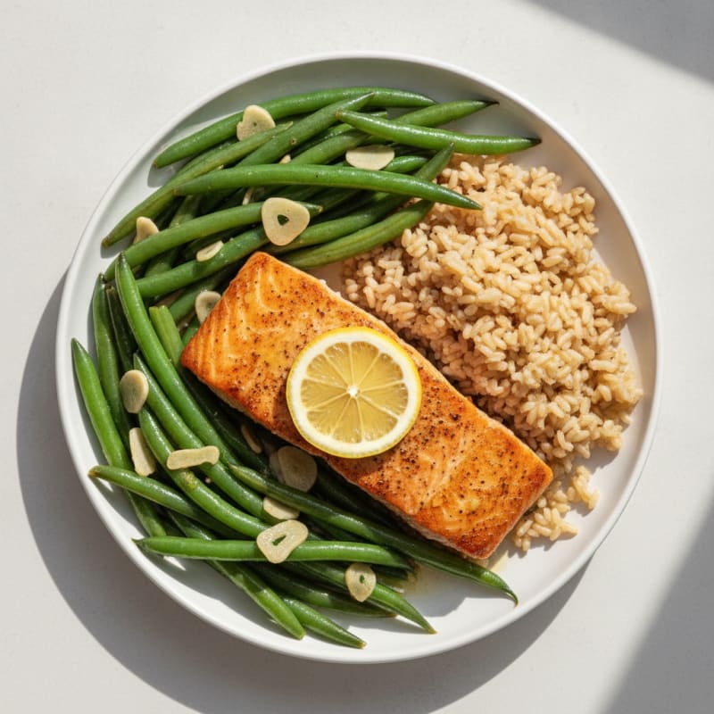Pan-Seared Salmon with Garlic Green Beans and Brown Rice