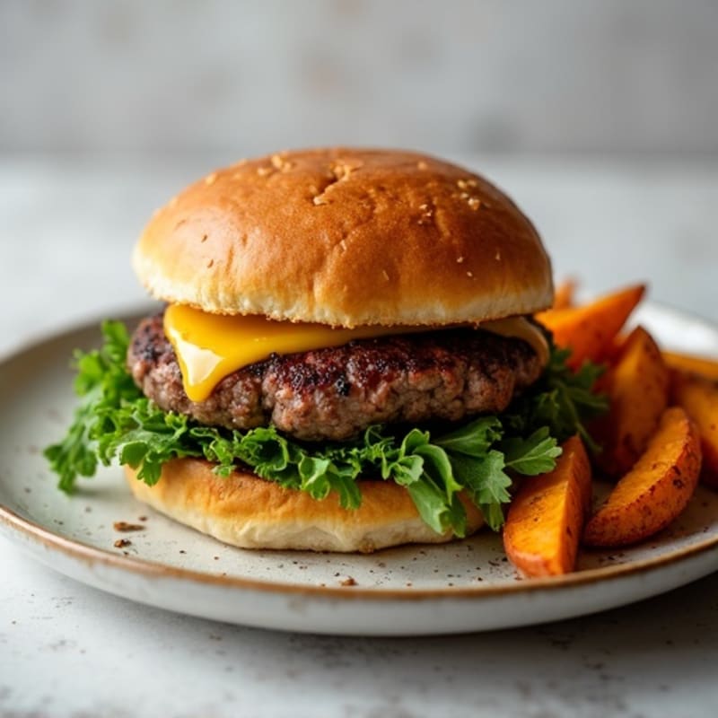 Lean Grass-Fed Burger with Crispy Sweet Potato Wedges