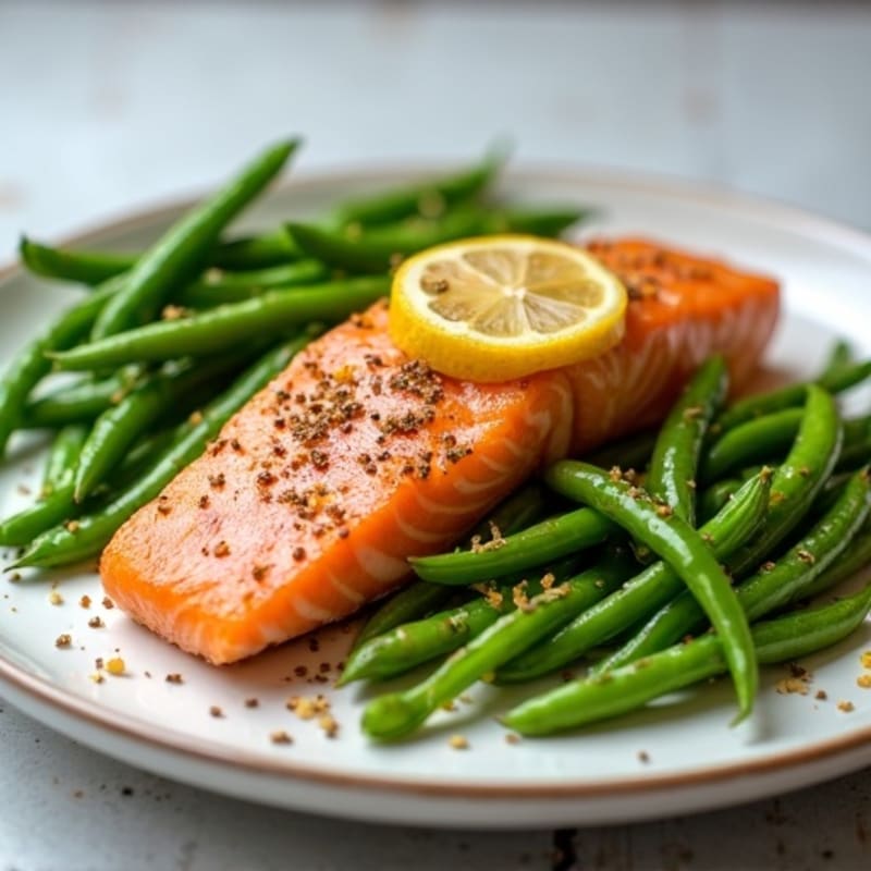 Seared Salmon Fillet with Steamed Edamame and Garlic Green Beans