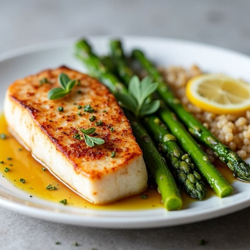 Flaky Pan-Seared Tuna with Roasted Asparagus and Lemon