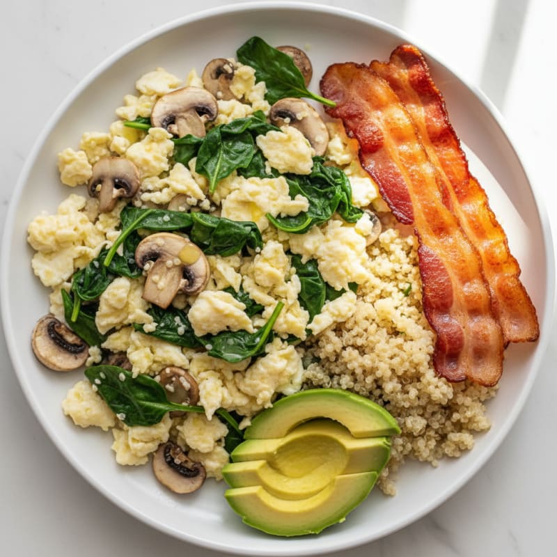 Crispy Turkey Bacon and Spinach Egg White Scramble with Sautéed Mushrooms