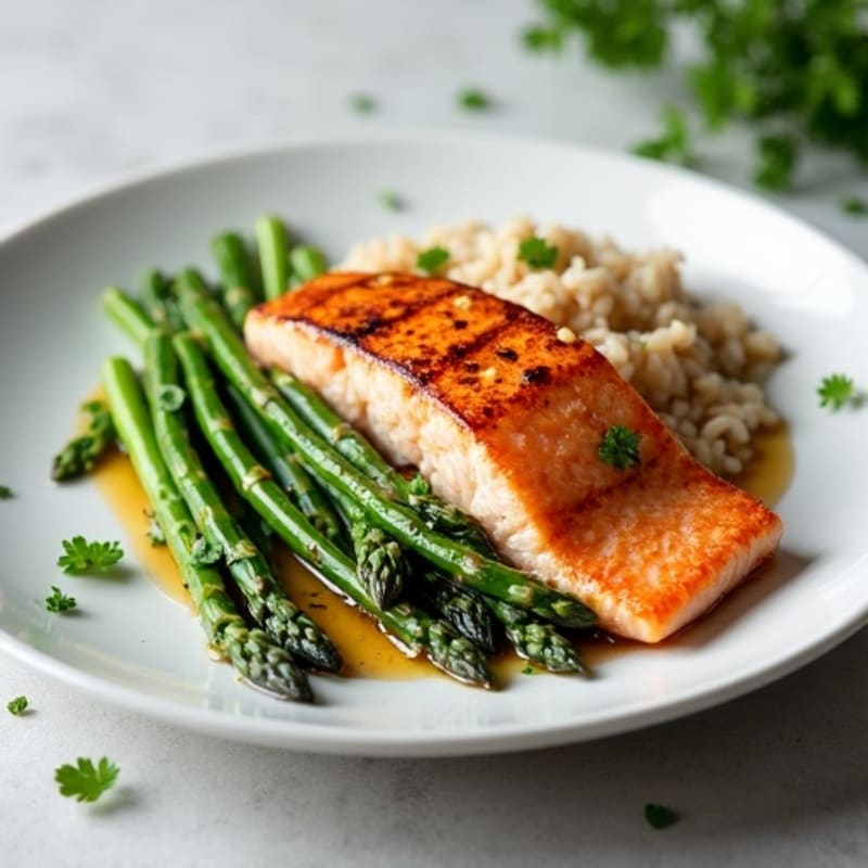Seared Salmon with Steamed Asparagus and Brown Rice