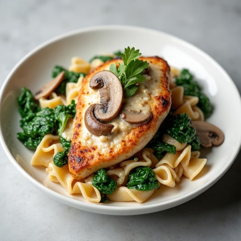 Creamy Truffle Mushroom Pasta with Pan-Seared Chicken and Sautéed Greens