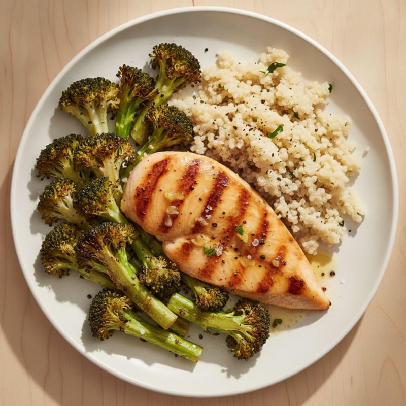 Grilled Lemon Garlic Chicken Breast with Quinoa and Roasted Broccoli