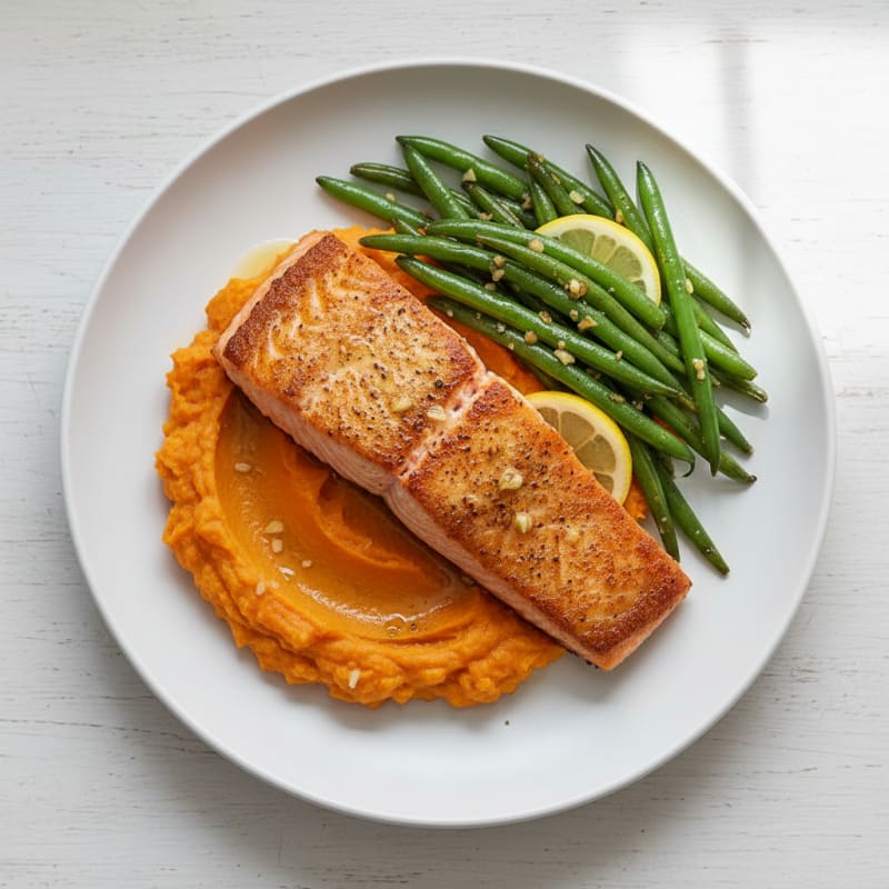 Seared Salmon with Garlic Green Beans and Sweet Potato Mash