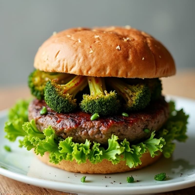 Grilled Lean Beef Burger with Crispy Roasted Broccoli