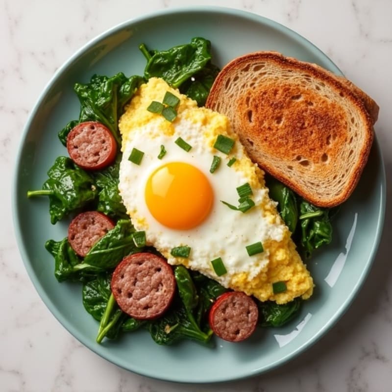 Egg White and Turkey Sausage Scramble with Sautéed Spinach