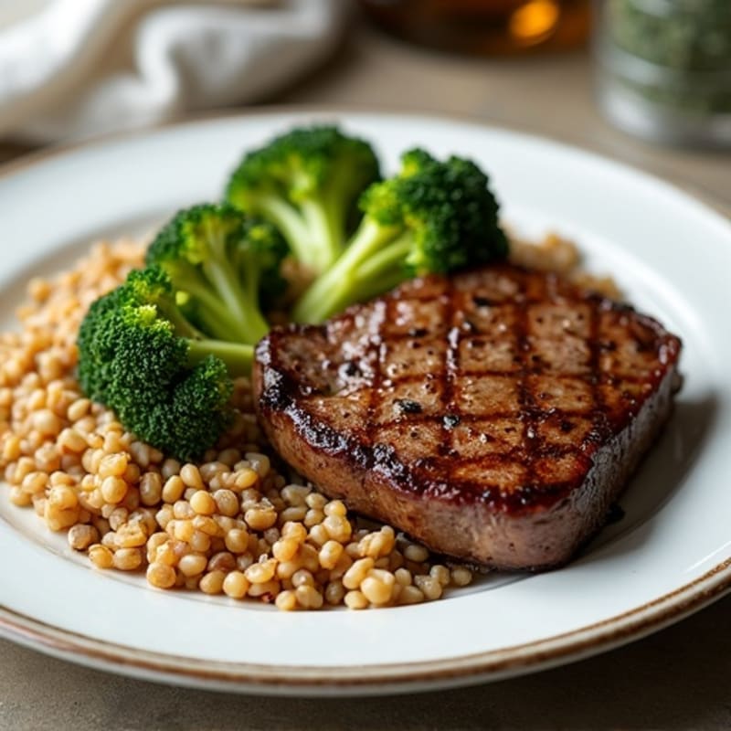 Seared Steak with Hearty Brown Rice and Lentil Mix and Crispy Roasted Broccoli