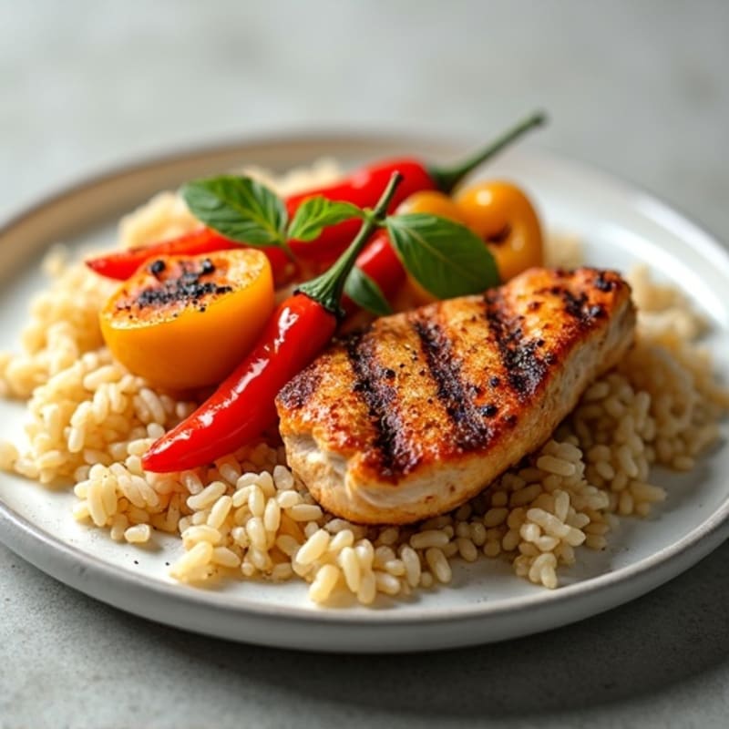 Crispy Grilled Chicken with Roasted Bell Peppers and Fluffy Brown Rice