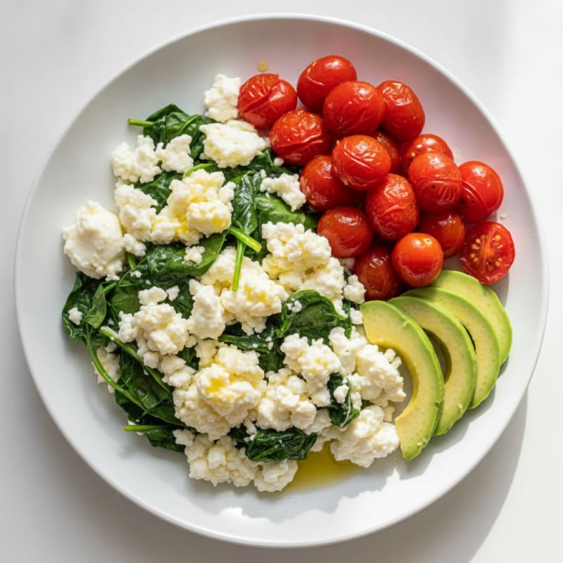 Egg White Spinach Scramble with Cottage Cheese and Cherry Tomatoes