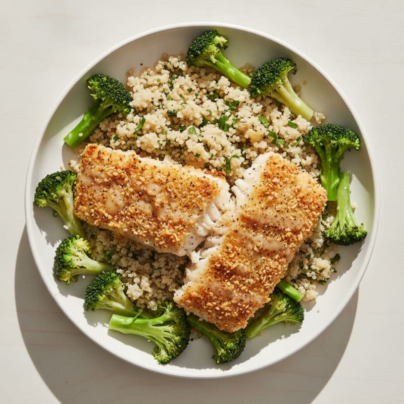 Crispy Baked Cod with Quinoa and Steamed Broccoli