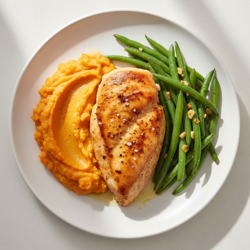 Roasted Chicken Breast with Garlic Green Beans and Sweet Potato Mash
