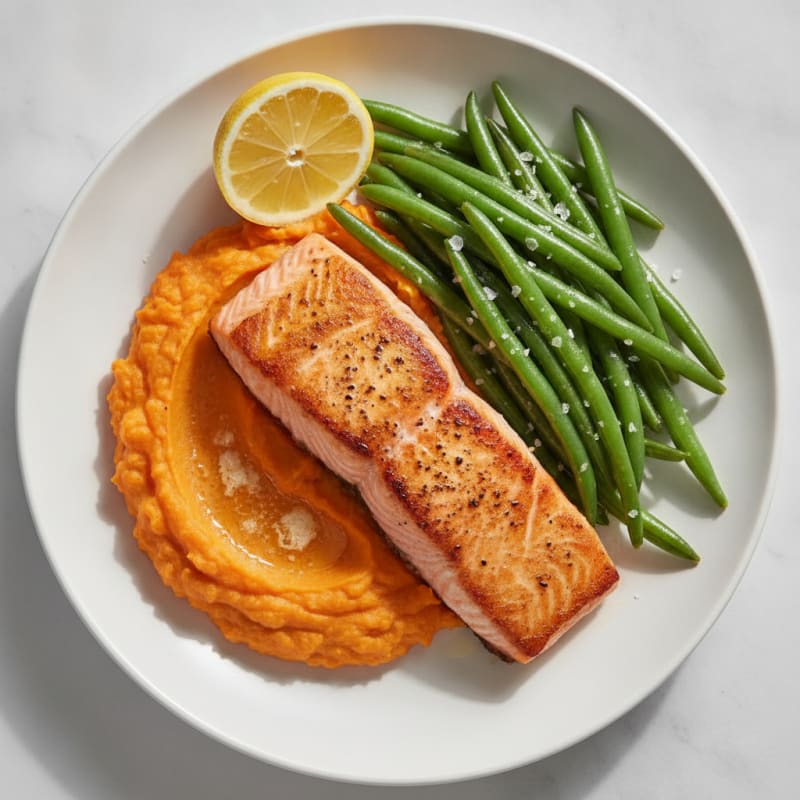 Seared Salmon with Steamed Green Beans and Sweet Potato Mash