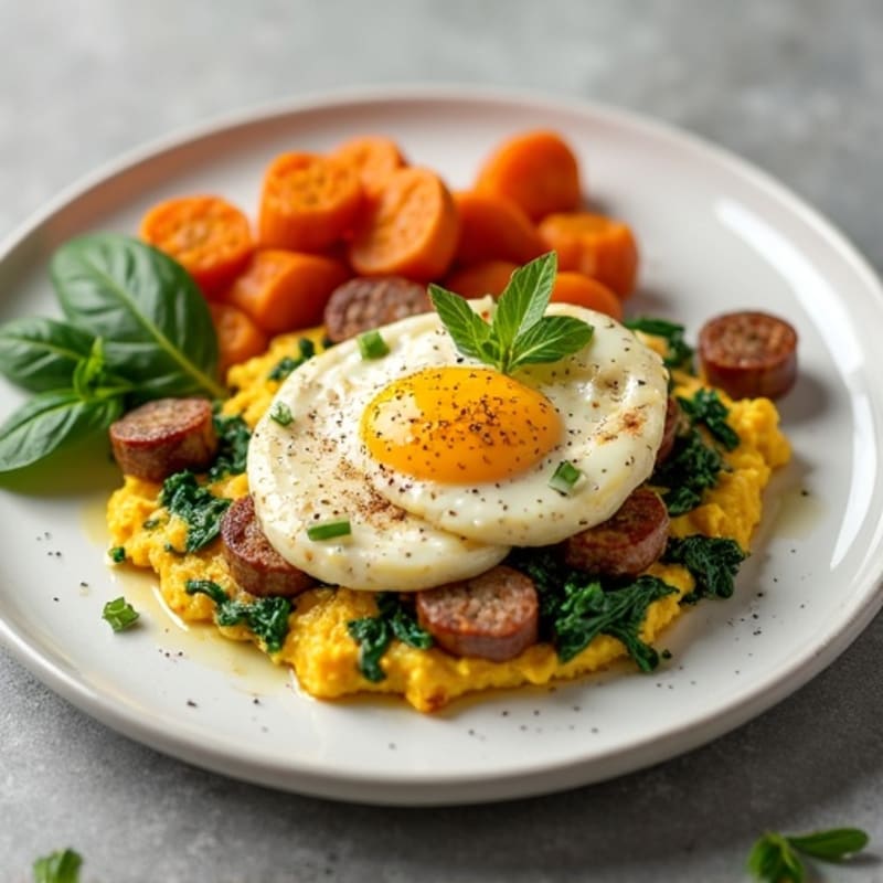 Egg White and Turkey Sausage Scramble with Spinach and Roasted Sweet Potato