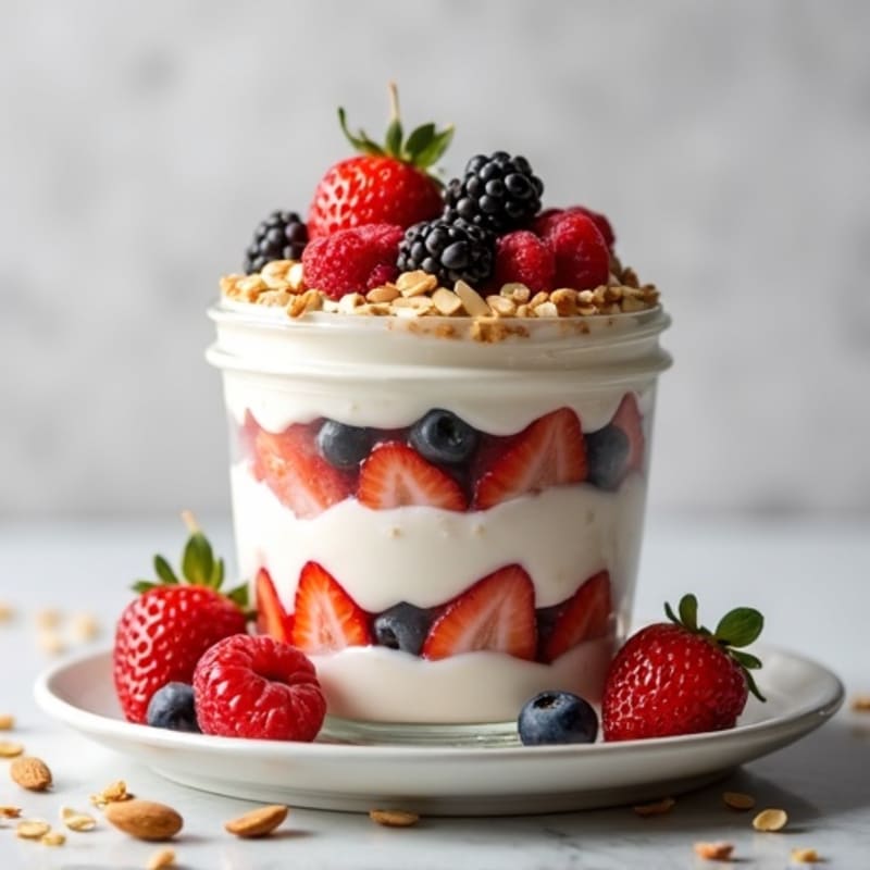 Vanilla Greek Yogurt Protein Parfait with Mixed Berries and Almonds