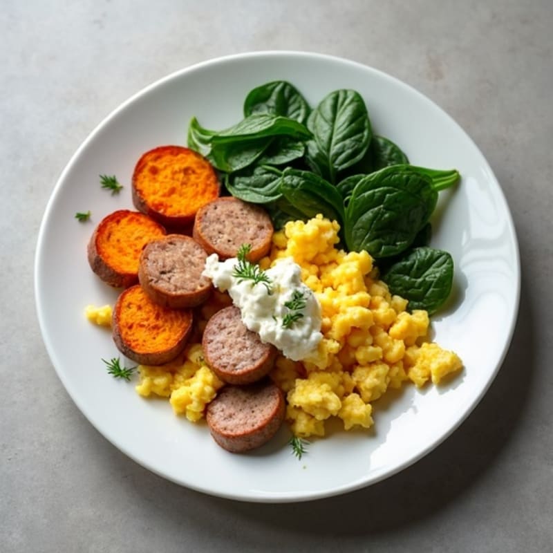 Egg White and Turkey Sausage Scramble with Spinach and Roasted Sweet Potato