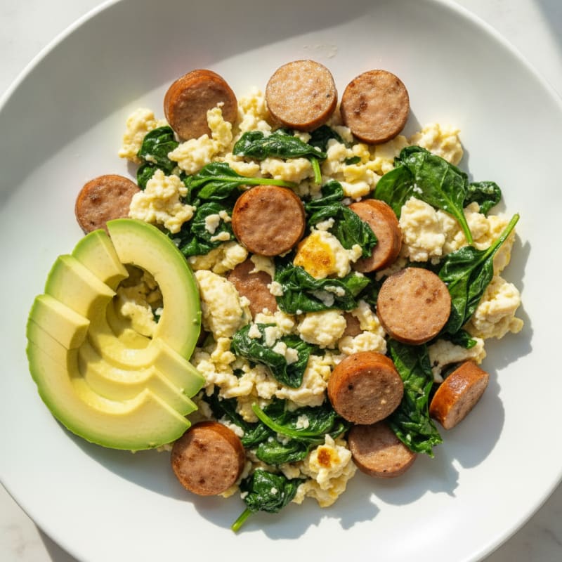 Egg White Scramble with Turkey Sausage and Sautéed Spinach