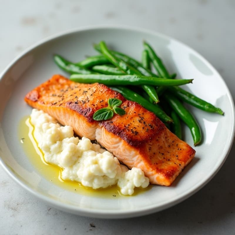 Seared Salmon with Steamed Green Beans and Garlic Cauliflower Mash