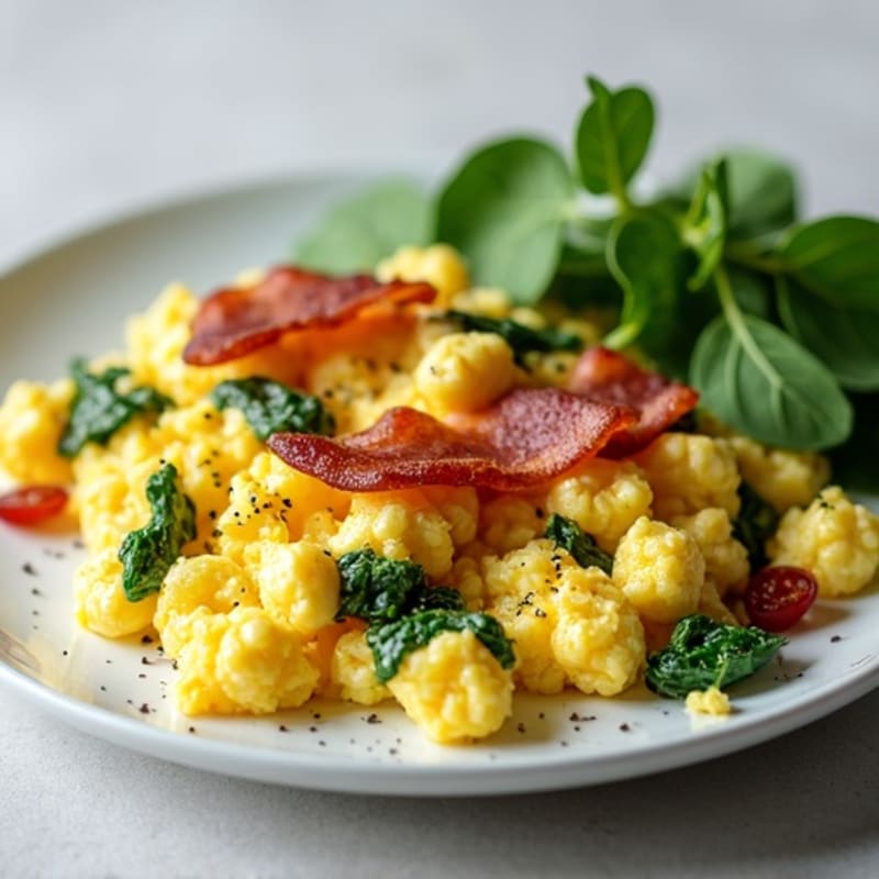 Cottage Cheese Egg Scramble with Spinach and Turkey Bacon