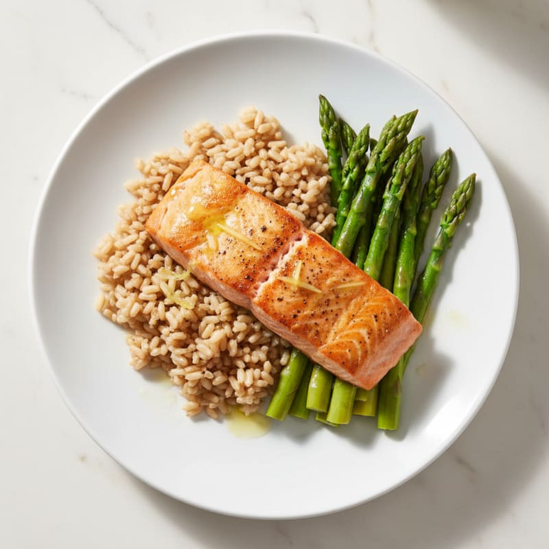 Seared Salmon with Steamed Asparagus and Brown Rice