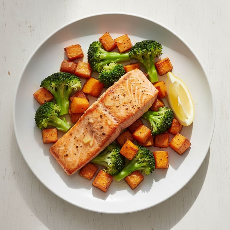Seared Salmon with Roasted Sweet Potatoes and Steamed Broccoli