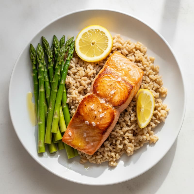 Seared Salmon Fillet with Brown Rice and Steamed Asparagus