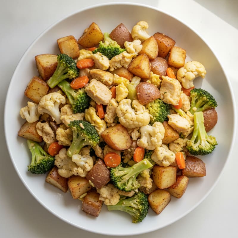Chicken and Egg Veggie Scramble with Roasted Potatoes