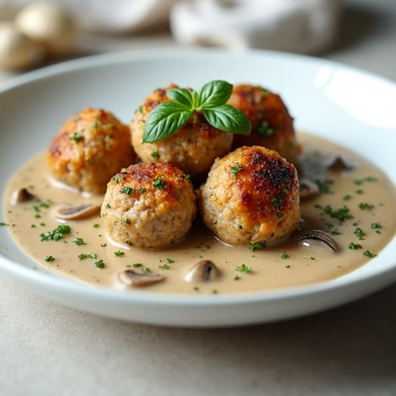 Herb-Crusted Turkey Meatballs with Creamy Mushroom Sauce
