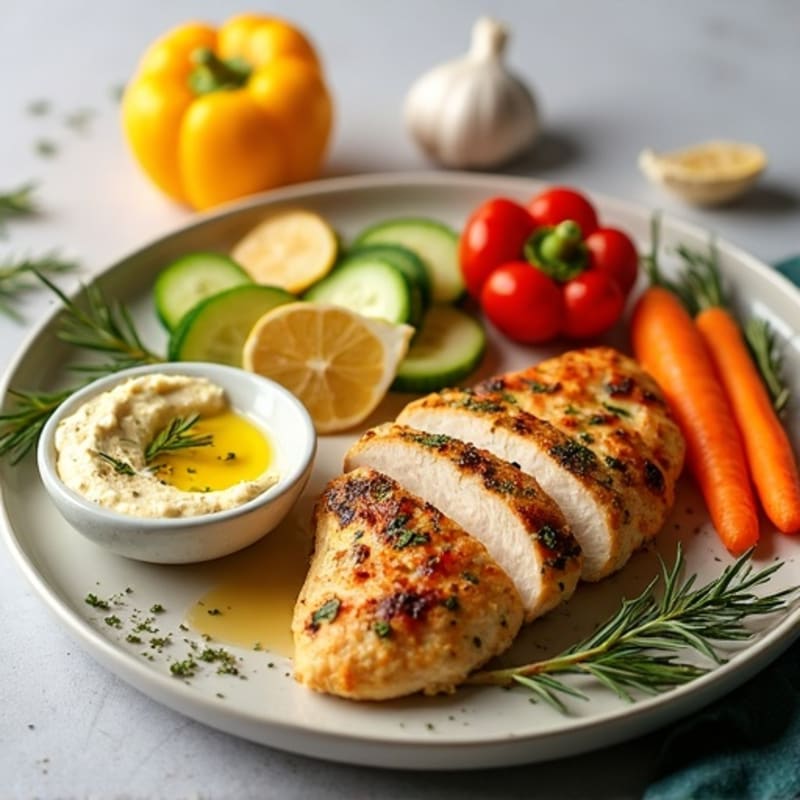 Creamy Hummus Platter with Fresh Vegetables and Herb-Roasted Chicken