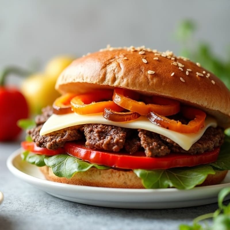 Lean Shaved Steak Sandwich with Sautéed Peppers, Onions, and Melted Provolone