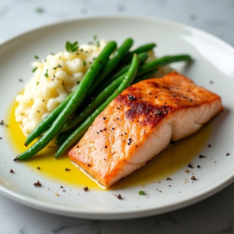 Seared Salmon with Steamed Green Beans and Cauliflower Mash