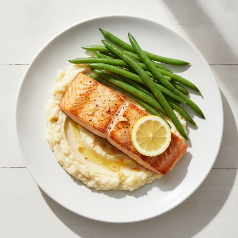 Seared Salmon with Steamed Green Beans and Garlic Mashed Cauliflower