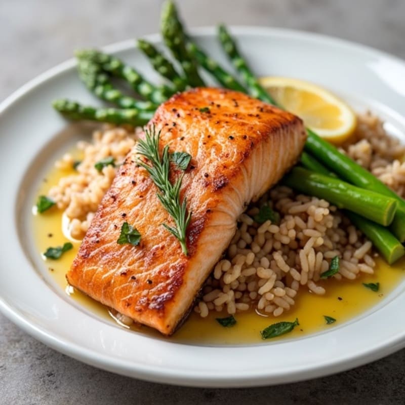 Seared Salmon with Steamed Asparagus and Brown Rice