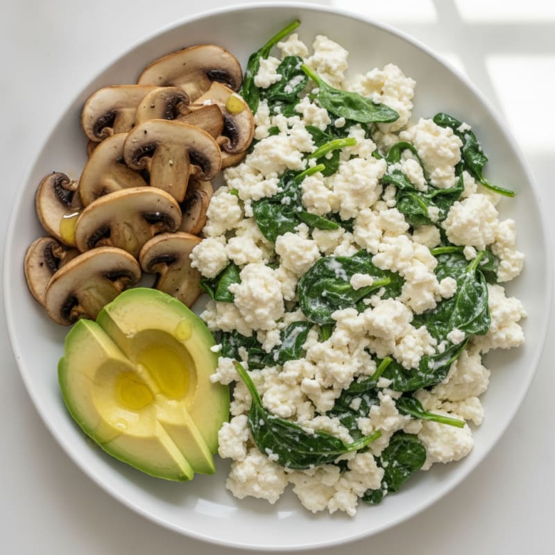 Egg White Spinach Scramble with Cottage Cheese and Sautéed Mushrooms