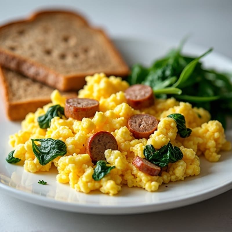 Fluffy Protein Scramble with Lean Turkey Sausage and Wilted Spinach