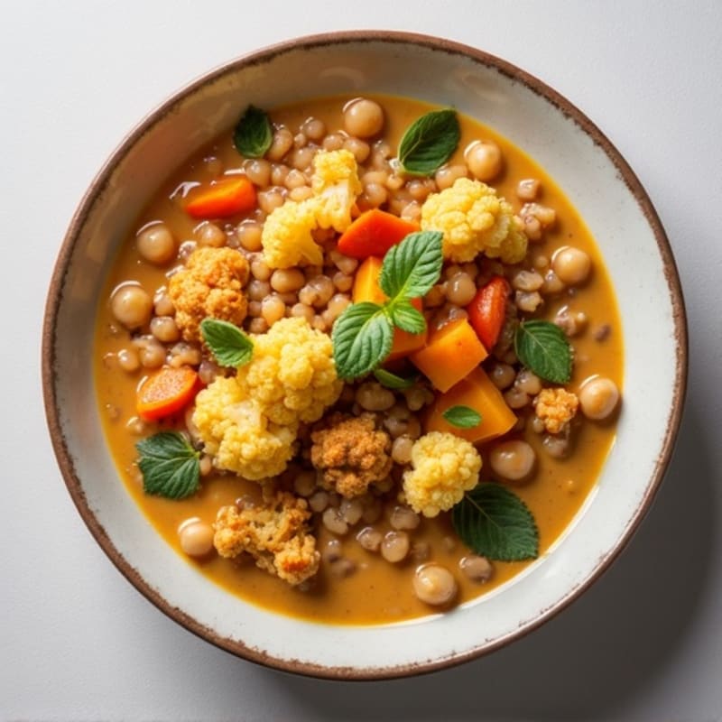 Creamy Lentil and Chickpea Stew with Roasted Cauliflower